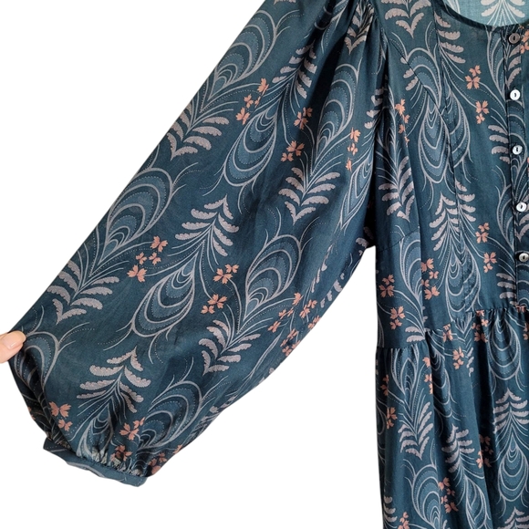 WRAP LONDON Puff Sleeve Feathers & Floral Printed Cotton Midi Dress Sz 14 - Picture 5 of 12